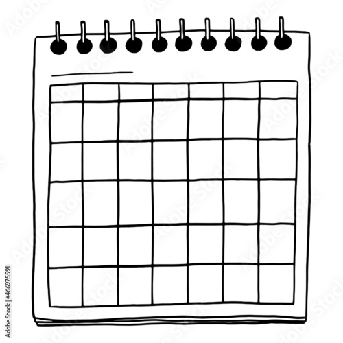 Wall calendar blank template in doodle style. Clip art for planning, diary, sticker. Hand drawn vector design element. Black ink contour drawing isolated on white background. Retro sketch style.