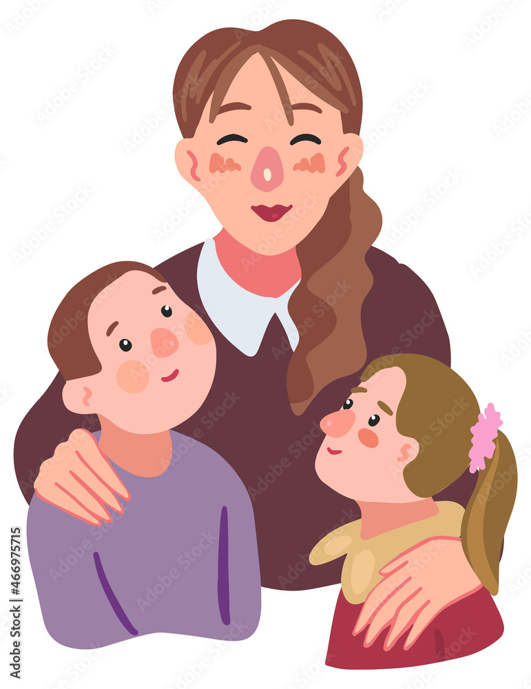 Happy mother and childs. Woman hugging daughter and son. Mother's Day, parenthood concept. Hand drawn vector illustration. Cartoon clipart isolated on white. Flat design for decor, postcard, sticker. Happy mother and childs. Woman hugging daughter and son. Mother's Day, parenthood concept. Hand drawn vector illustration. Cartoon clipart isolated on white. Flat design for decor, postcard, sticker.