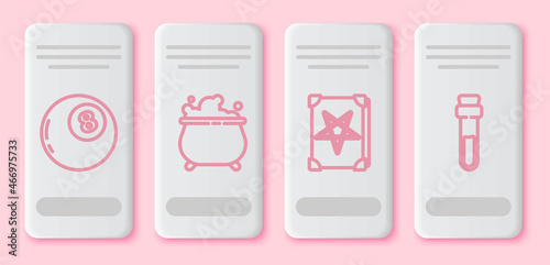 Set line Magic ball of predictions, Witch cauldron, Ancient magic book and Bottle with love potion. White rectangle button. Vector