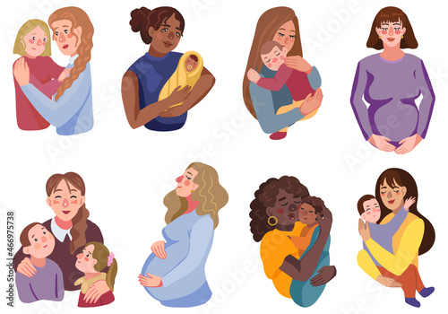 Mothers and childs, pregnant woman's. Collection of vector illustrations for Mother's day. Colorful cartoon cliparts isolated on white. Set of flat elements for design, print, decor, postcard, sticker