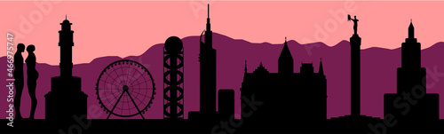 Batumi, Georgia, skyline vector silhouette with famous city attractions on mountains background