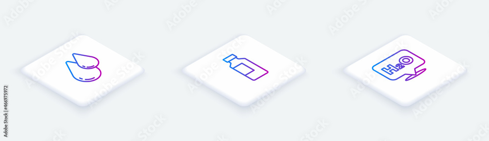 Set Isometric line Water drop, Bottle of water and Chemical formula for H2O. White square button. Vector Set Isometric line Water drop, Bottle of water and Chemical formula for H2O. White square button. Vector