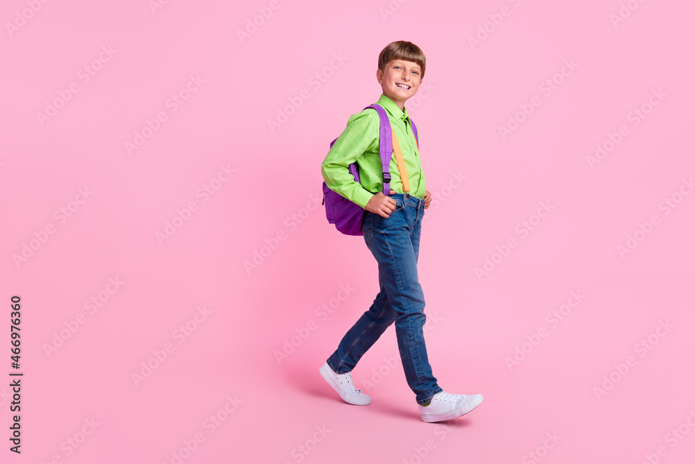 Full length body size view of attractive trendy boy going to school new season isolated over pink pastel color background Full length body size view of attractive trendy boy going to school new season isolated over pink pastel color background