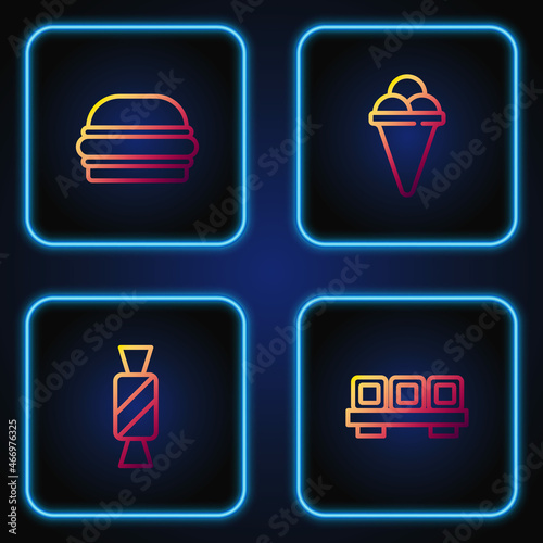 Set line Sushi on cutting board, Candy, Burger and Ice cream waffle cone. Gradient color icons. Vector