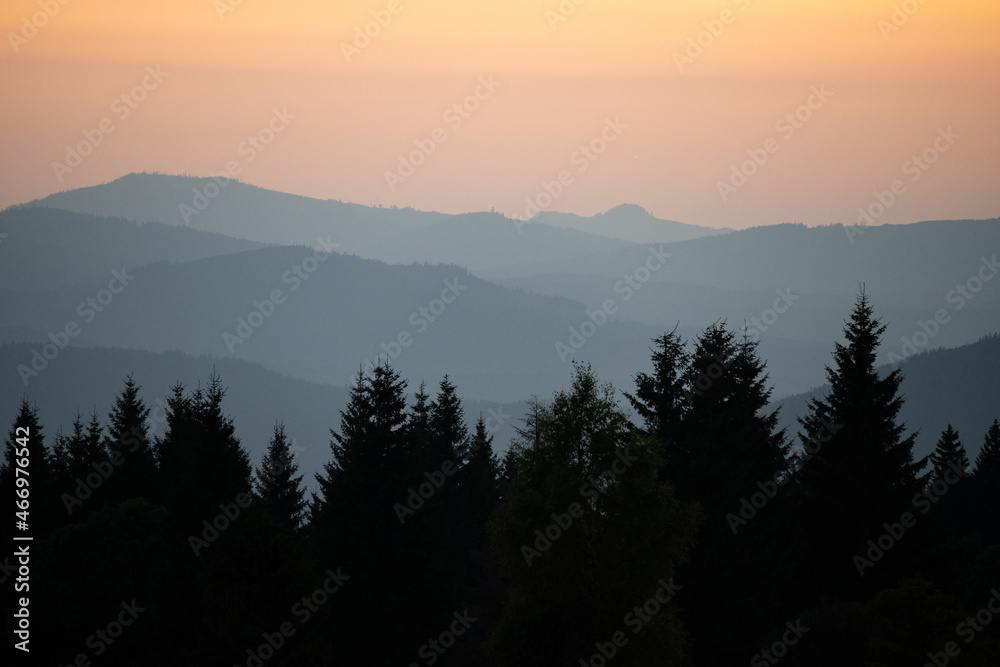 View from Zhuri after sunset, Sumava national park, Czech republic