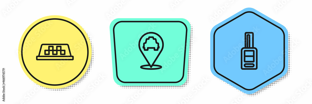 Set line Taxi car roof, Location with taxi and Car key remote. Colored shapes. Vector Set line Taxi car roof, Location with taxi and Car key remote. Colored shapes. Vector