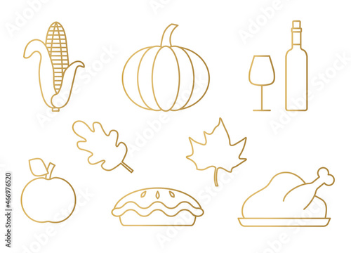 golden Thanksgiving icon set; corn, pumpkin, wine, autumn leaves, apple, pie and roasted turkey - vector illustration