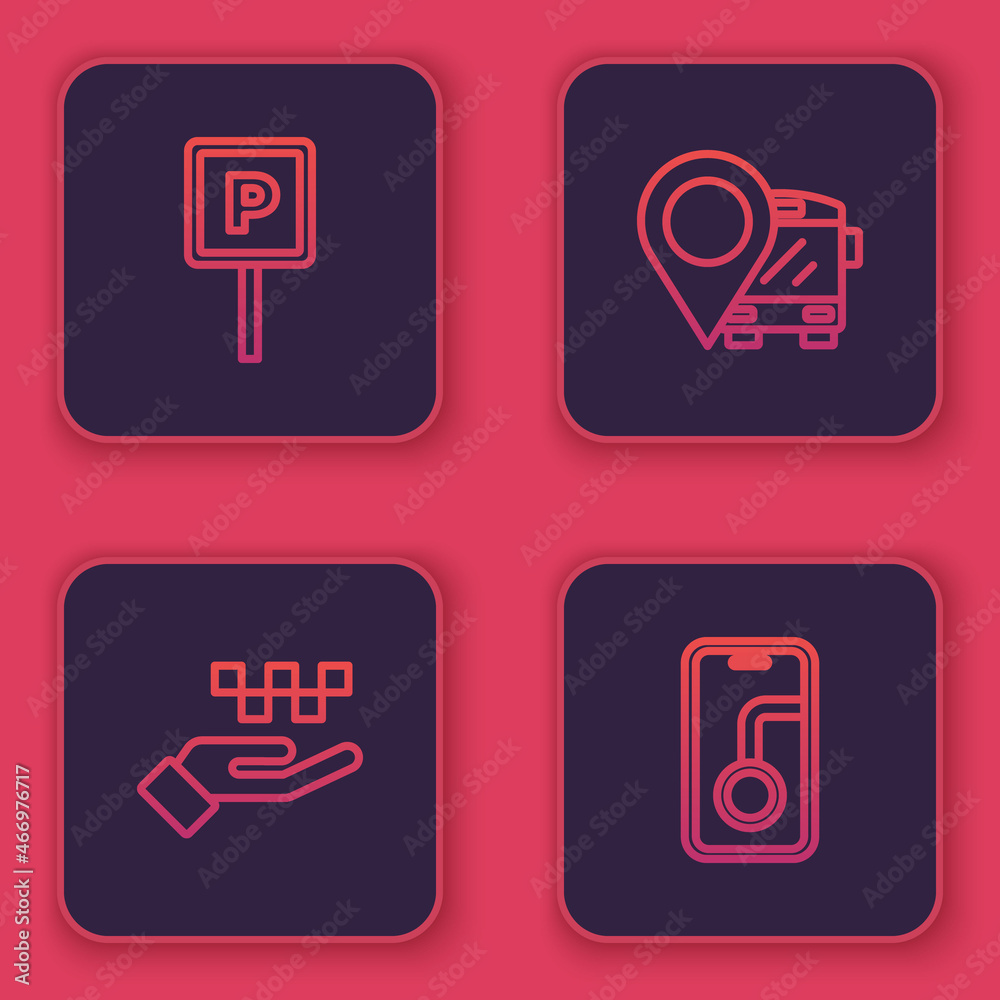 Set line Parking, Hand with taxi, Location bus and City map navigation. Blue square button. Vector Set line Parking, Hand with taxi, Location bus and City map navigation. Blue square button. Vector