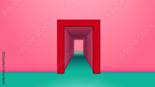 Vibrant pink room with green floor and open doorway with corridor. Abstract architecture background or invitation card backdrop.