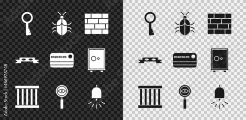 Set Old key, System bug concept, Bricks, Prison window, Magnifying glass Search, Ringing alarm bell, Thief eye mask and Credit card icon. Vector