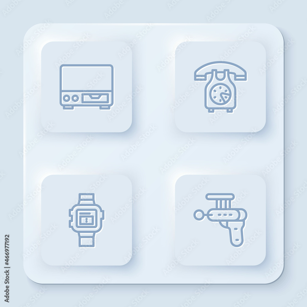 Set line Old video cassette player, Telephone handset, Wrist watch and Ray gun. White square button. Vector