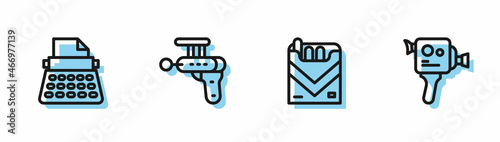 Set line Cigarettes pack box, Retro typewriter, Ray gun and cinema camera icon. Vector