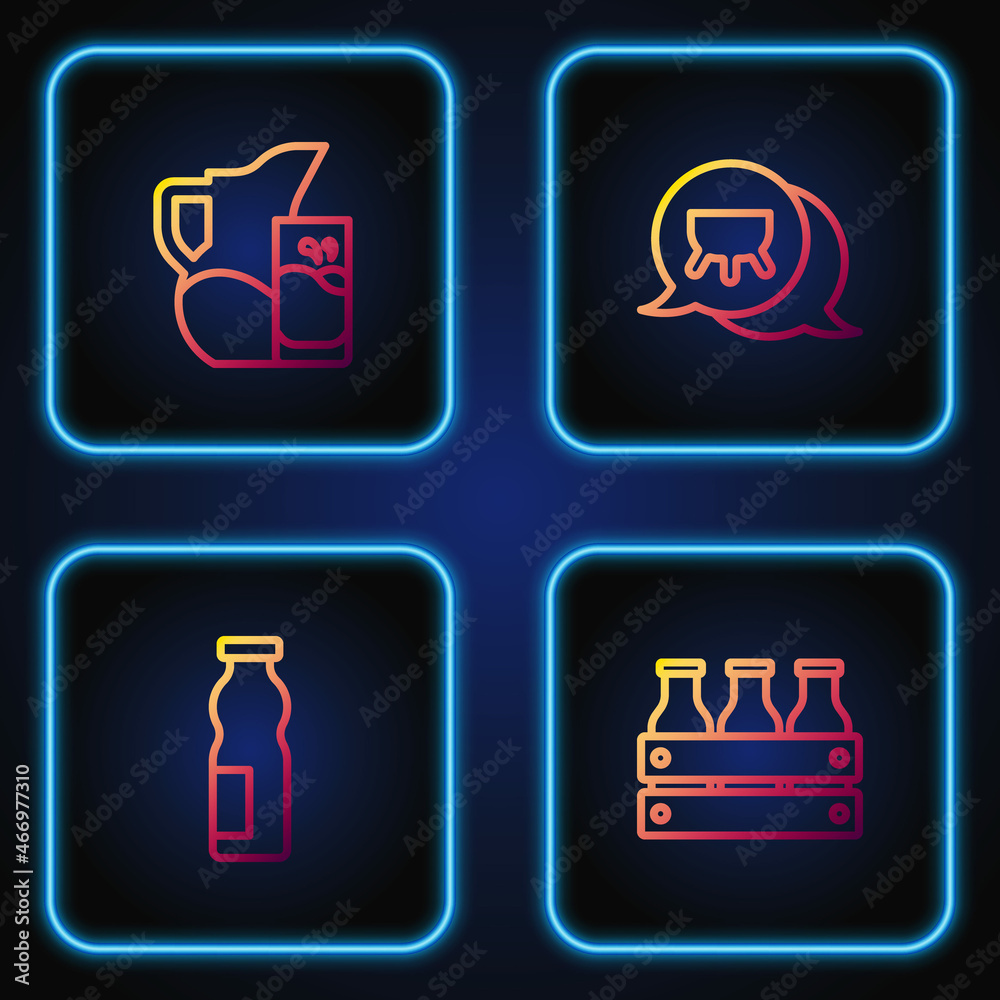 Set line Bottled milk in wooden box, Drinking yogurt bottle, Milk jug or pitcher and glass and Udder. Gradient color icons. Vector Set line Bottled milk in wooden box, Drinking yogurt bottle, Milk jug or pitcher and glass and Udder. Gradient color icons. Vector