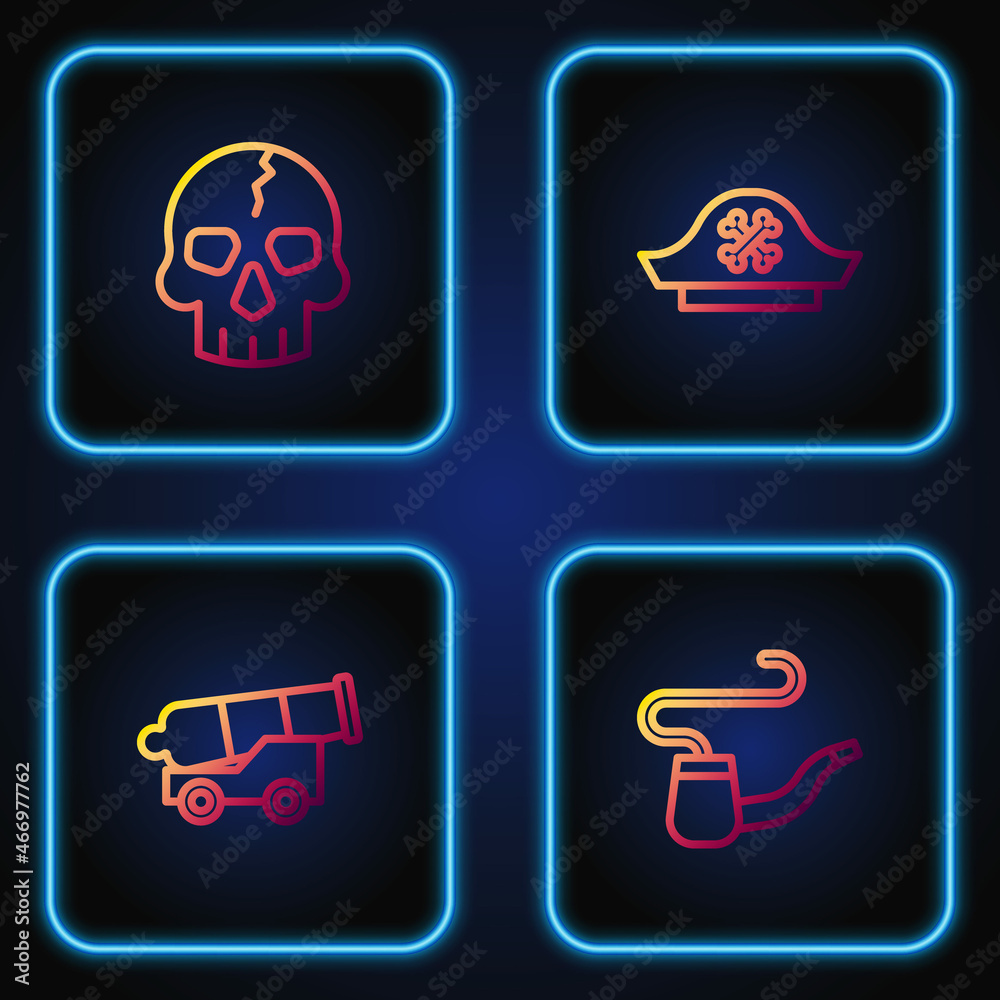 Set line Smoking pipe, Cannon, Skull and Pirate hat. Gradient color icons. Vector Set line Smoking pipe, Cannon, Skull and Pirate hat. Gradient color icons. Vector