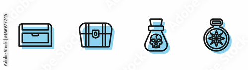 Set line Pirate coin, Antique treasure chest, and Compass icon. Vector