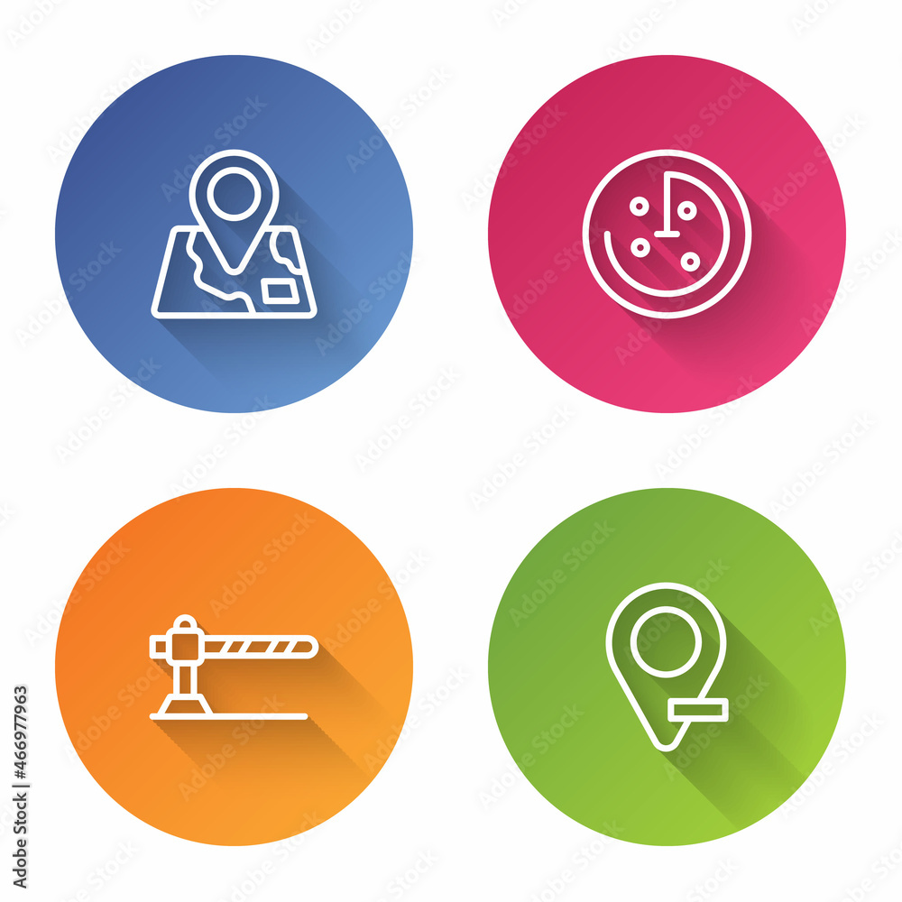 Set line Folded map with location marker, Radar targets monitor, Parking car barrier and Location. Color circle button. Vector Set line Folded map with location marker, Radar targets monitor, Parking car barrier and Location. Color circle button. Vector