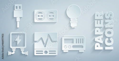 Set Electrical measuring instruments, Light bulb with concept of idea, transformer, outlet and USB cable cord icon. Vector