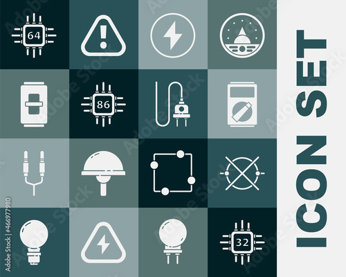 Set Processor with microcircuits CPU, Electric scheme, Multimeter, Lightning bolt, light switch, and plug icon. Vector