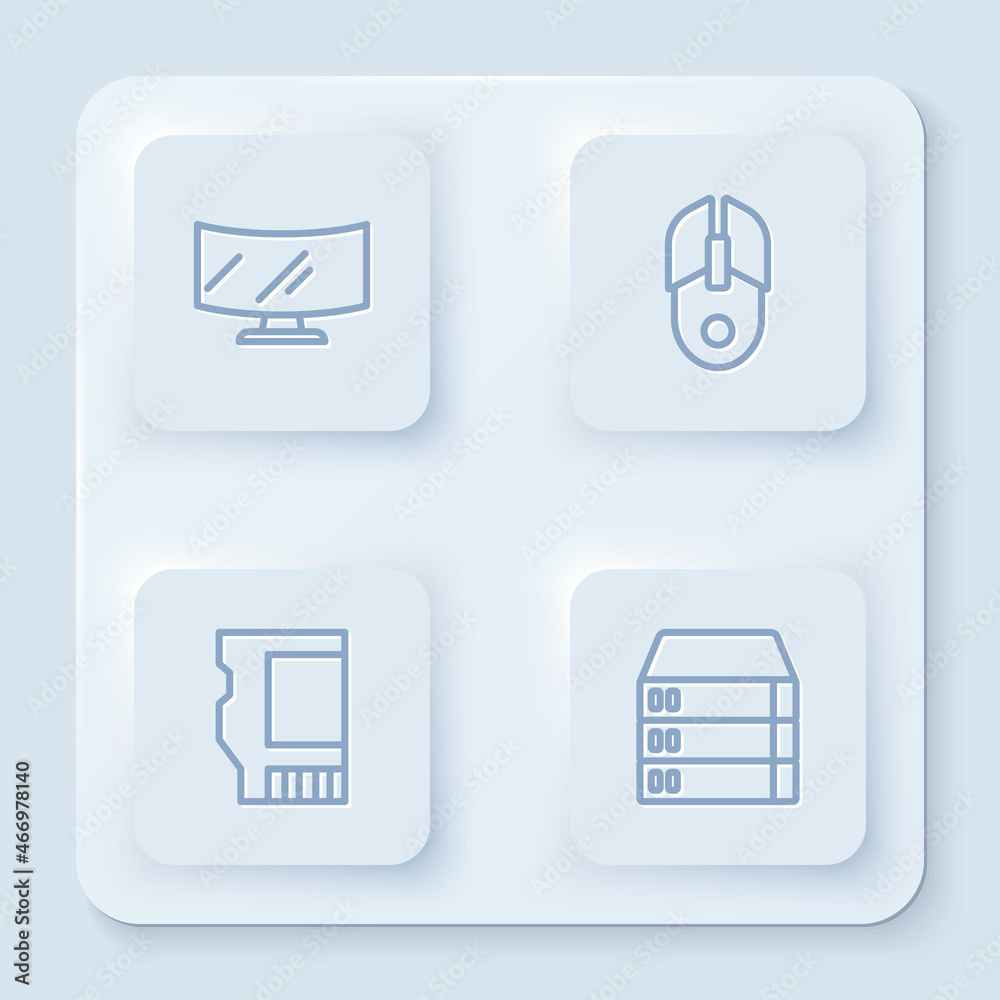 Set line Computer monitor screen, mouse, SD card and Server, Data, Web Hosting. White square button. Vector Set line Computer monitor screen, mouse, SD card and Server, Data, Web Hosting. White square button. Vector