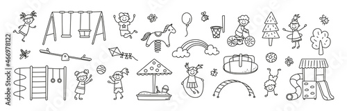 Funny kids and children playground. Swing, slide, teeter and sandbox in doodle style. Kid drawing of play ground elements. Hand drawn vector illustration on white background. Editable stroke.
