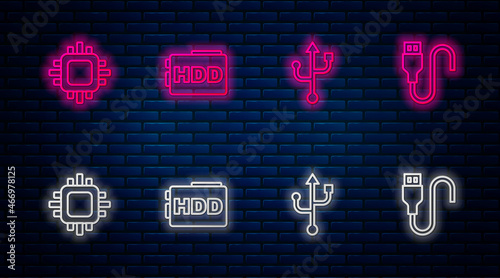 Set line Hard disk drive HDD, USB, Processor with CPU and cable cord. Glowing neon icon on brick wall. Vector