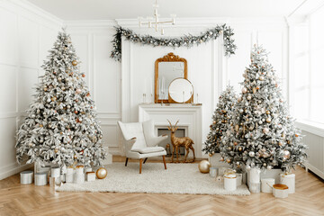 Beautiful Christmas tree in a decorated bright living room. Festive New Year's interior.