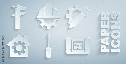 Set Screwdriver, Pencil and gear, House with, plan, Worker safety helmet and Calliper caliper scale icon. Vector
