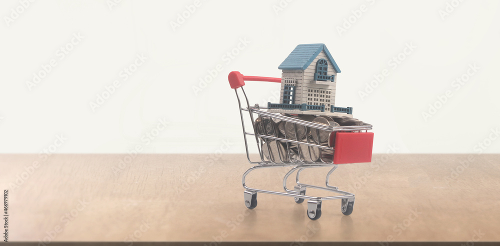 Toy shopping cart with Model of house on coins and delivery concept