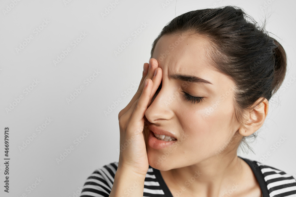 sick woman holding his head migraine depression isolated background sick woman holding his head migraine depression isolated background