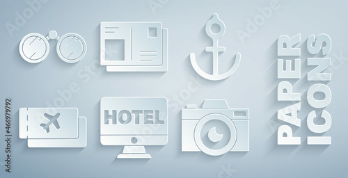 Set Online hotel booking, Anchor, Airline ticket, Photo camera, Passport with visa stamp and Binoculars icon. Vector