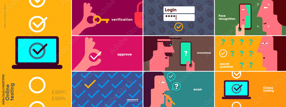 Online testing. Check. Big set. Collection of vector illustrations. Simple, flat design. Patterns and backgrounds. Perfect for poster, cover, banner. Online testing. Check. Big set. Collection of vector illustrations. Simple, flat design. Patterns and backgrounds. Perfect for poster, cover, banner.