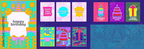 Birthday. Postcards in a linear style. Big set. Collection of vector illustrations. Simple, flat design. Patterns and backgrounds. Perfect for poster, cover, banner.