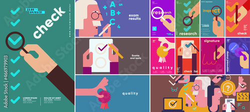 Exams and tests. Big set. Collection of vector illustrations. Simple, flat design. Patterns and backgrounds. Perfect for poster, cover, banner.