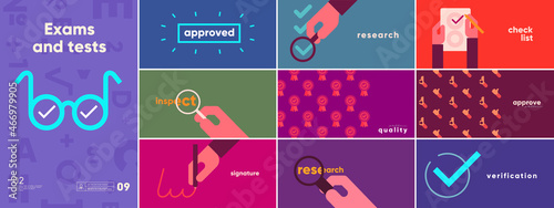 Check. inspection. Big set. Collection of vector illustrations. Simple, flat design. Patterns and backgrounds. Perfect for poster, cover, banner.