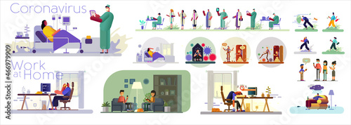 Covid. Doctors and nurses. Work at home.Big set. Collection of vector illustrations. Simple, flat design. Patterns and backgrounds.