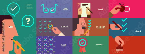 Exams and tests. Big set. Collection of vector illustrations. Simple, flat design. Patterns and backgrounds. Perfect for poster, cover, banner.