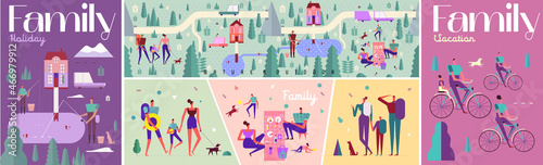 Family. Spending time together. Vacation. Big set. Collection of vector illustrations. Simple, flat design. Patterns and backgrounds. Perfect for poster, cover, banner.