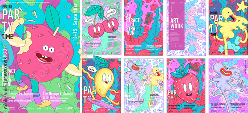 Funny fruits. Doodle style. Characters. Big set. Collection of vector illustrations. Simple, flat design. Patterns and backgrounds. Perfect for poster, cover, banner.