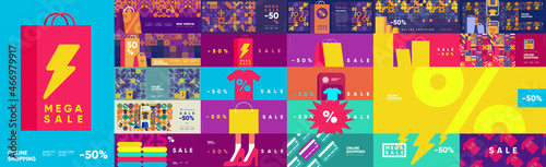 Sale banner template design. Big set. Collection of vector illustrations. Simple, flat design. Patterns and backgrounds. Perfect for poster, cover, banner.