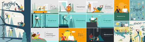Travel, tourism and vacations. Big set. Collection of vector illustrations. Simple, flat design. Patterns and backgrounds. Perfect for poster, cover, banner.