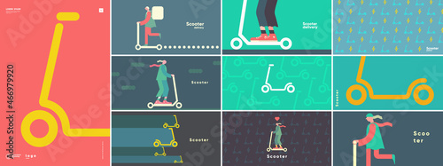 Scooter. Delivery. Electric scooter. Big set. Collection of vector illustrations. Simple, flat design. Patterns and backgrounds. Perfect for poster, cover, banner.