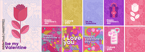 Valentine's day. Linear style. Big set. Collection of vector illustrations. Simple, flat design. Patterns and backgrounds. Perfect for poster, cover, banner.