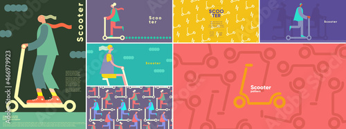 Scooter. Delivery. Electric scooter. Big set. Collection of vector illustrations. Simple, flat design. Patterns and backgrounds. Perfect for poster, cover, banner.