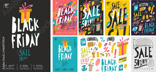 Black friday. Sale. Big set. Collection of vector illustrations. Simple, flat design. Patterns and backgrounds. Perfect for poster, cover, banner.
