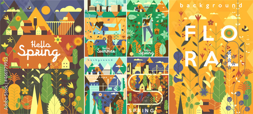 Hello spring. Big set. Collection of vector illustrations. Simple, flat design. Patterns and backgrounds. Perfect for poster, cover, banner.