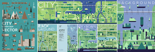 City landscape. Big set. Collection of vector illustrations. Simple, flat design. Patterns and backgrounds. Perfect for poster, cover, banner.