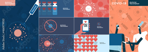 Vaccine. Coronavirus vaccination. Big set. Collection of vector illustrations. Simple, flat design. Patterns and backgrounds. Perfect for poster, cover, banner.