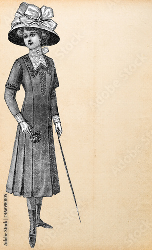 Young woman vintage elegant dress hat. Retro fashion engraving photo