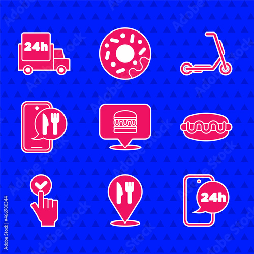 Set Online ordering burger delivery, Cafe and restaurant location, Food, Hotdog sandwich, Scooter and Fast by car icon. Vector