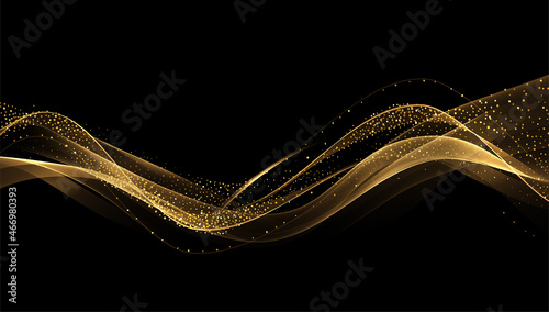 Abstract Gold Waves. Shiny golden moving lines design element with glitter effect on dark background for greeting card and disqount voucher.